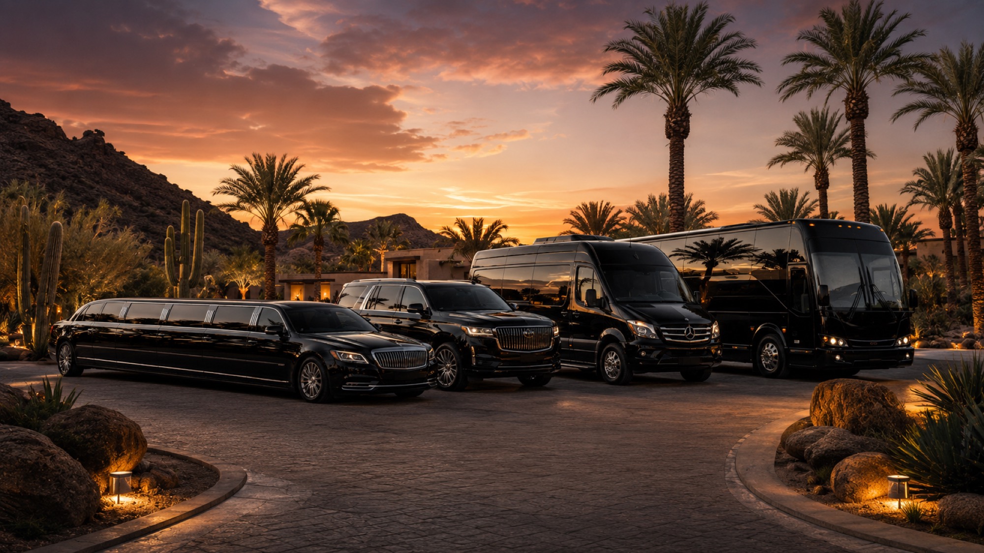 ONYX full fleet — Luxury Sedan, SUV, Sprinter, Charter Coach at Arizona sunset