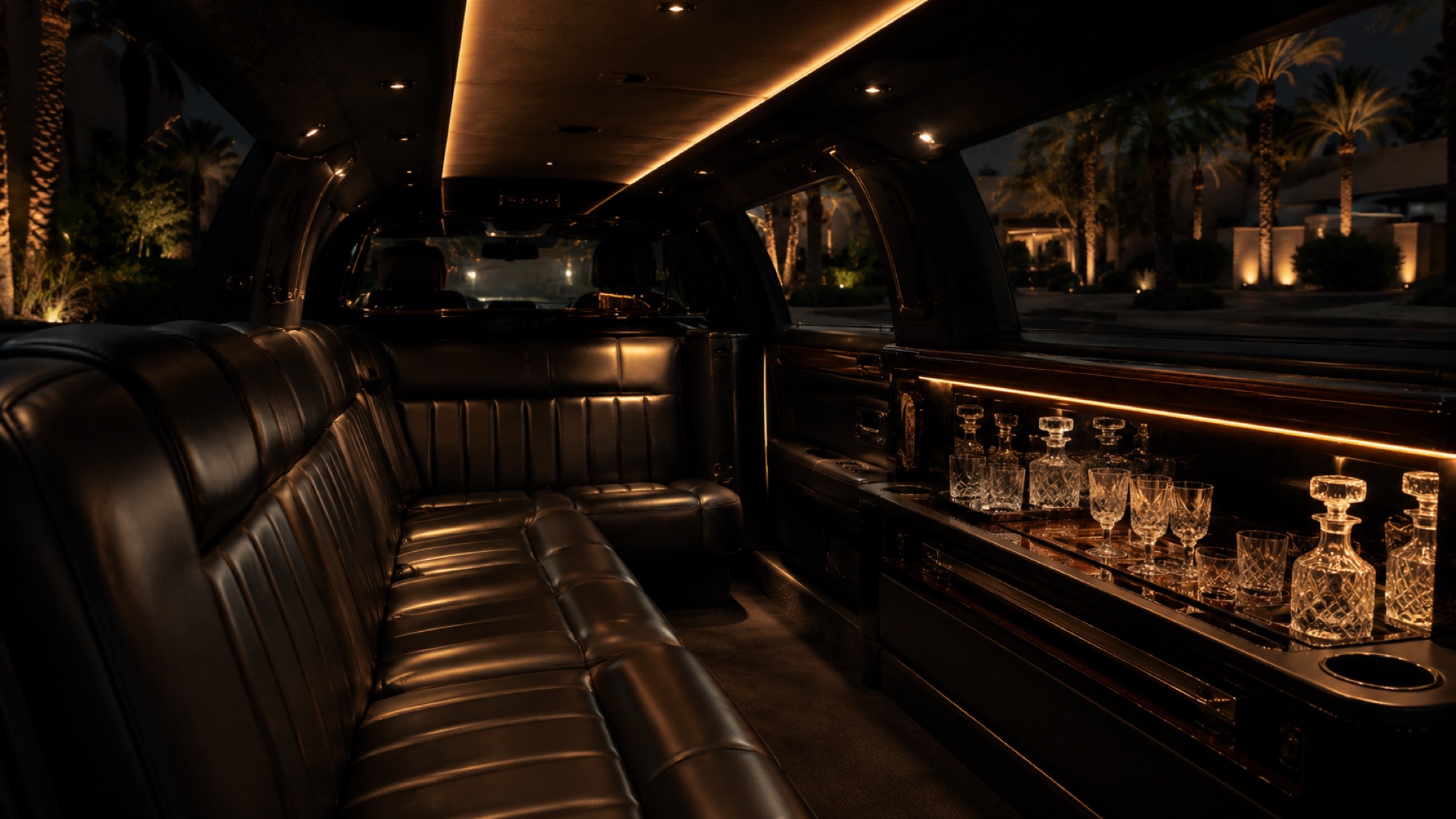 Stretch limousine interior — crystal bar and leather seating