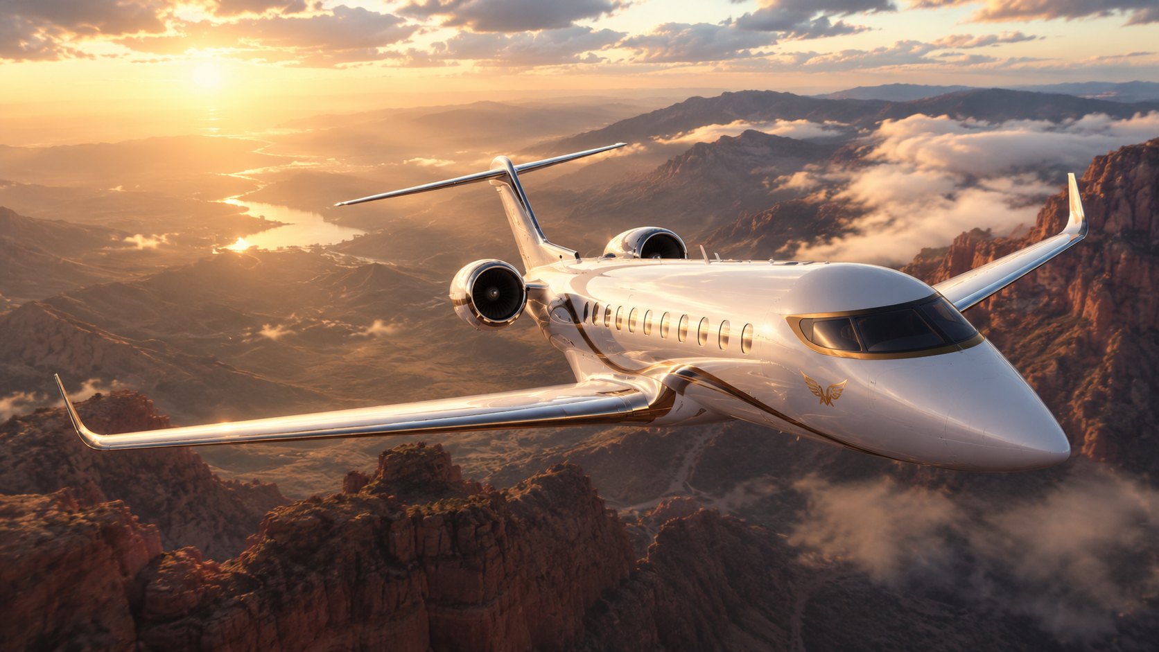 An Altura jet in flight over the landscape at golden hour