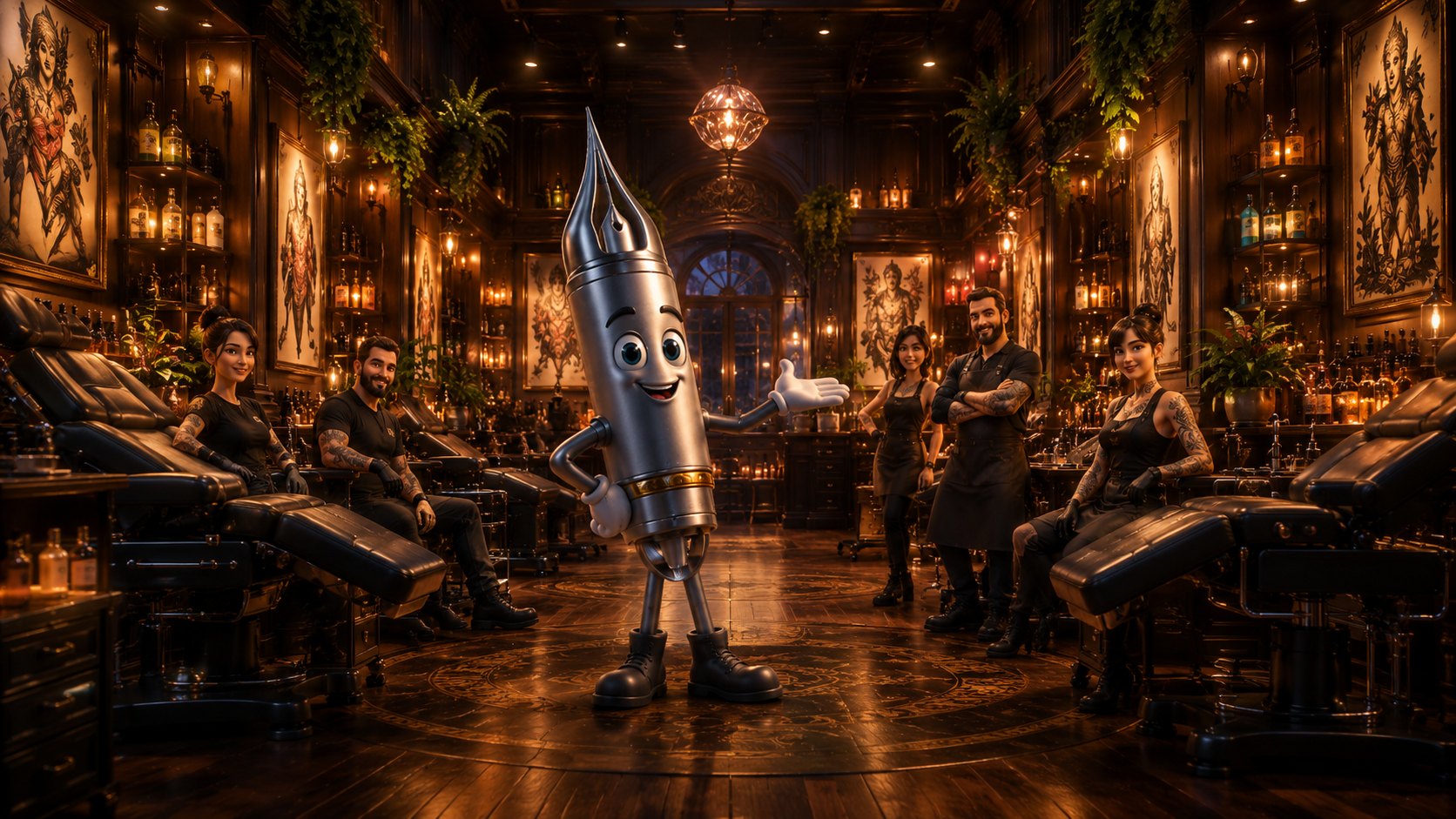 Ned, the Tattoo Needle, the Atelier mascot, centre-stage with the studio team