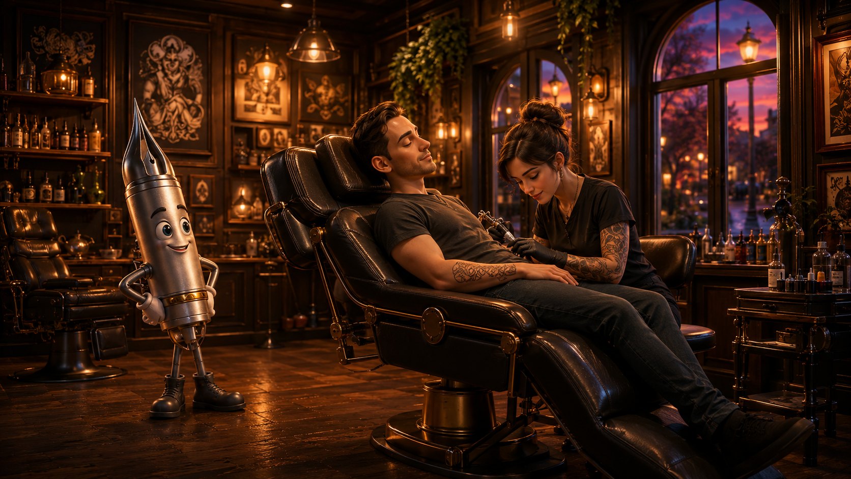 A private tattoo room at Atelier with Ned, the Tattoo Needle, low warm light and clean surfaces