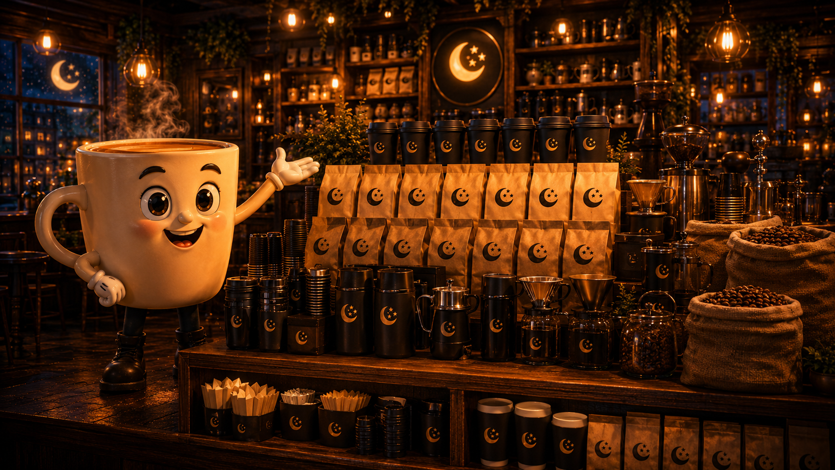 The Midnight Roast counter, fully stocked